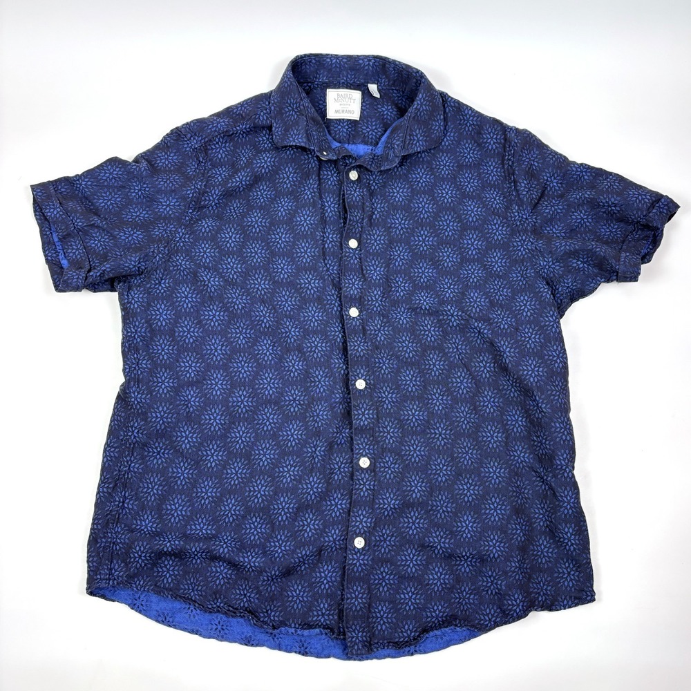 Baird‎ McNutt Murano Button Up Shirt Mens Sz L Blue Black Linen S/S Boho Beach
